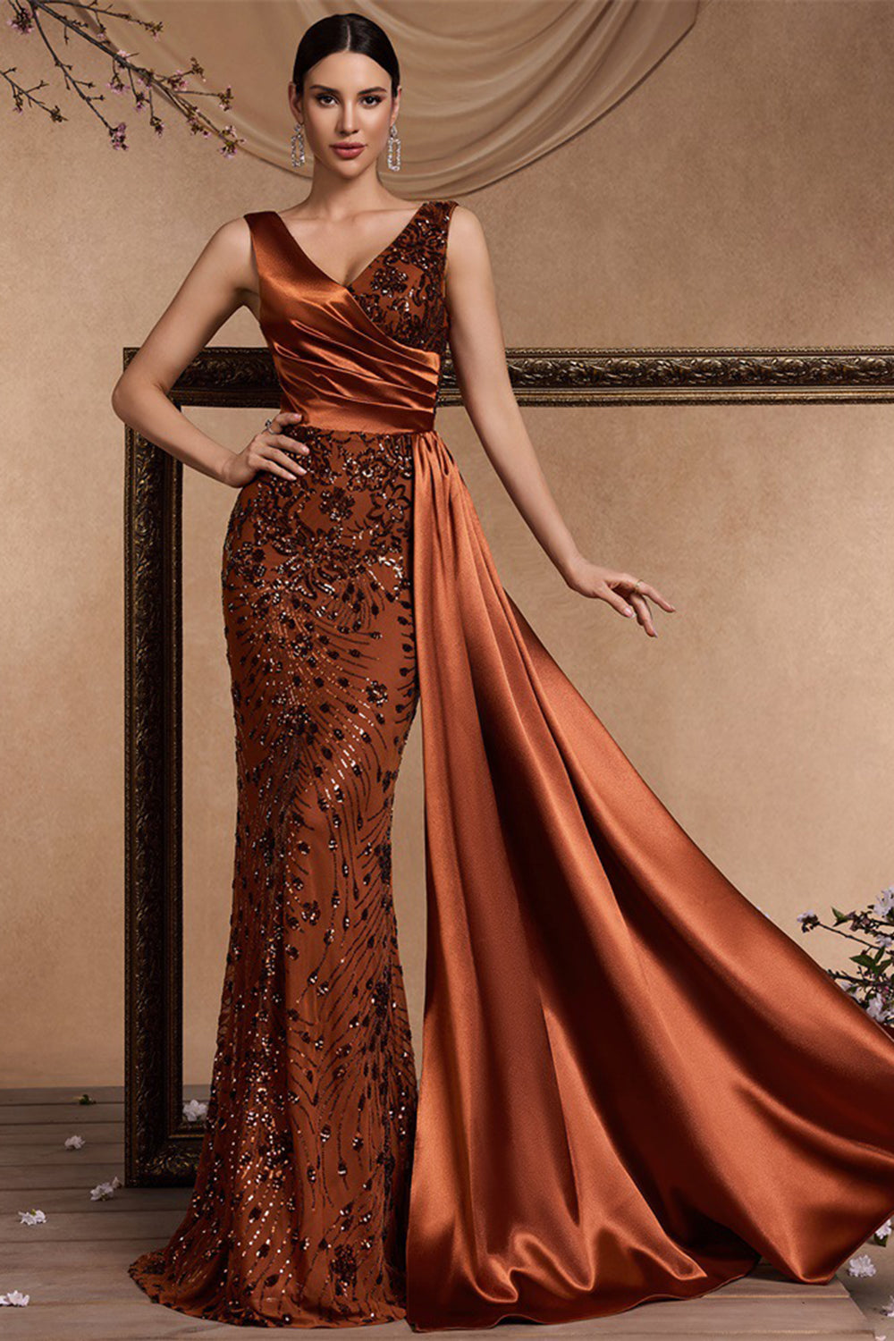 Zapakasa Women Sparkly Floral Brown Mermaid Long Mother of the Bride Dress with Side Cape V-Neck Ruched Satin Wedding Guest Dress with Sequins Zapakasa Women Sparkly Floral Brown Mermaid Long Mother of the Bride Dress with Side Cape V-Neck Ruched Satin Wedding Guest Dress with Sequins