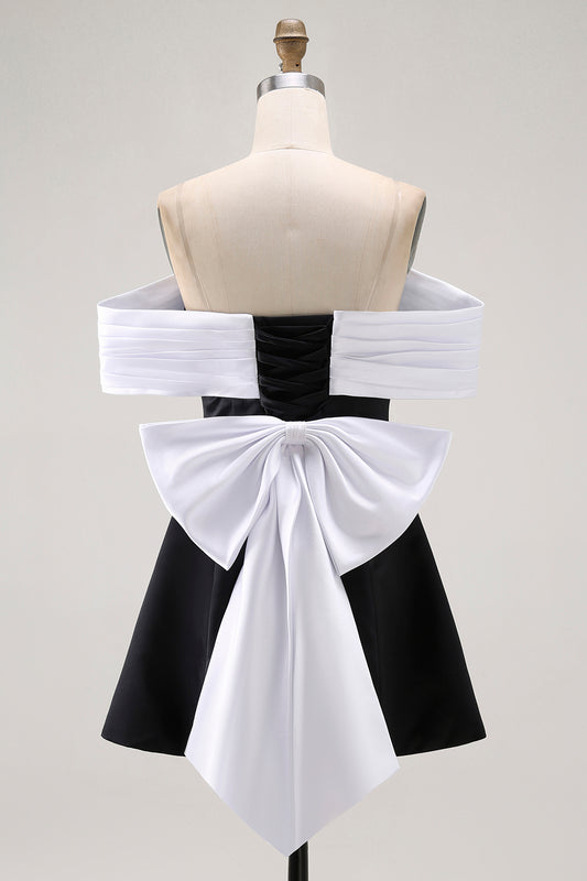Black Off the Shoulder A Line Short Homecoming Dress with Bow