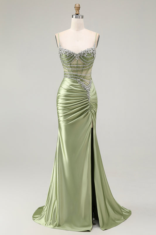 Sparkly Green Mermaid Corset Long Ruched Prom Dress with Slit