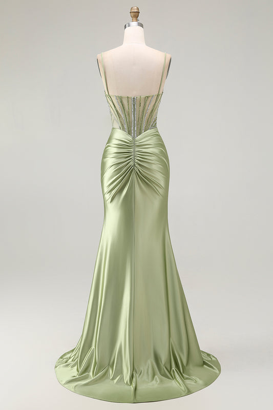 Sparkly Green Mermaid Corset Long Ruched Prom Dress with Slit