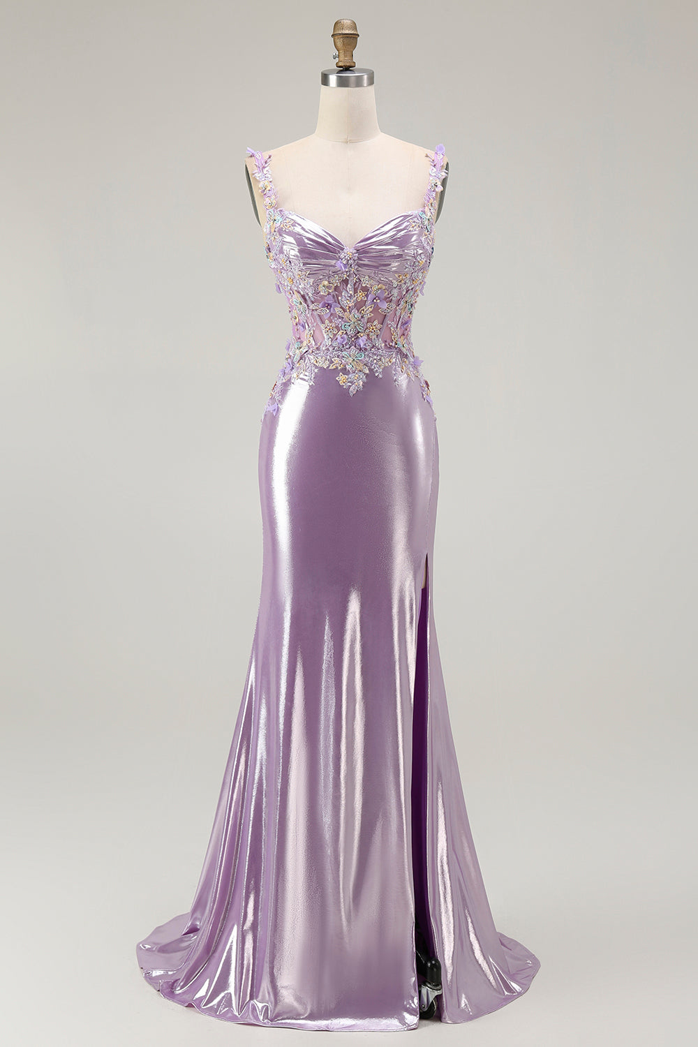 Zapakasa Women Sparkly Floral Lilac Mermaid Long Prom Dress with Slit Metallic Appliqued Lace Up Back Evening Dress Zapakasa Women Sparkly Floral Lilac Mermaid Long Prom Dress with Slit Metallic Appliqued Lace Up Back Evening Dress