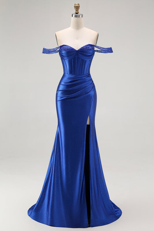 Sparkly Royal Blue Corset Off the Shoulder Long Prom Dress with Slit