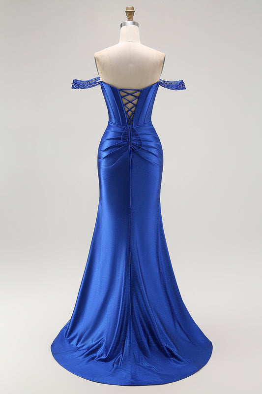 Sparkly Royal Blue Corset Off the Shoulder Long Prom Dress with Slit