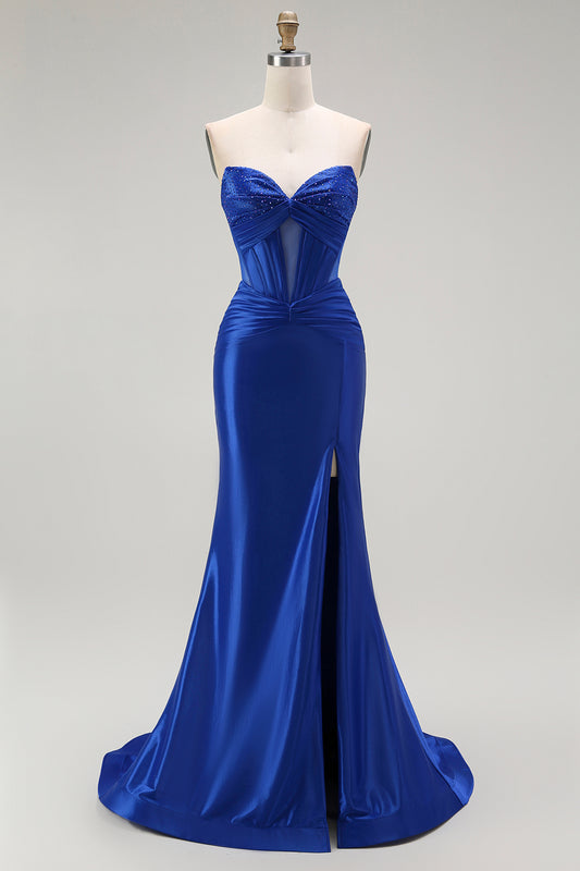 Sparkly Royal Blue Mermaid Corset Long Prom Dress with Beading