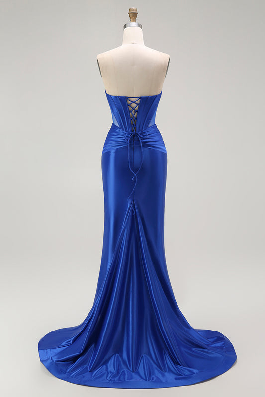 Sparkly Royal Blue Mermaid Corset Long Prom Dress with Beading