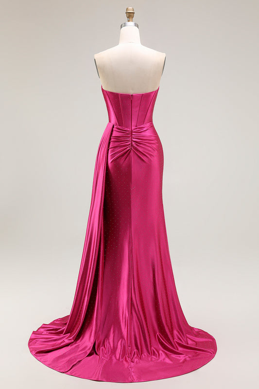 Sparkly Fuchsia Mermaid Strapless Corset Ruched Long Prom Dress