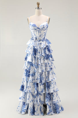 White Blue Flower A Line Ruffled Corset Long Prom Dress with Slit