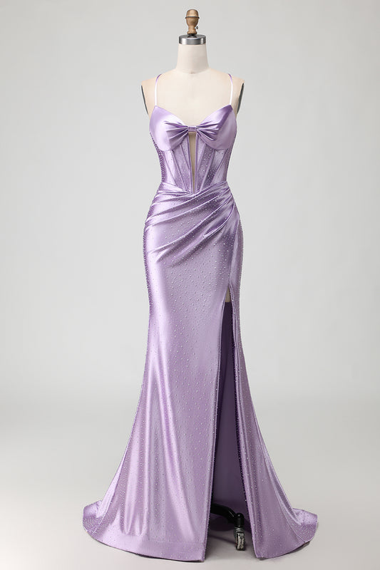 Sparkly Purple Long Beaded Corset Prom Dress with Slit