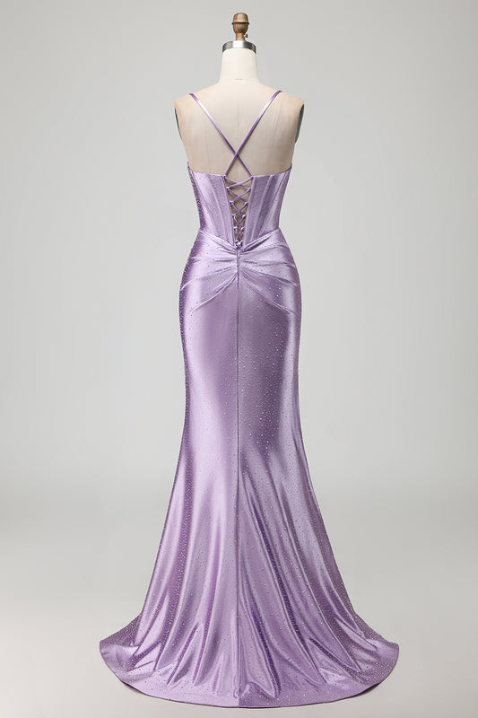 Sparkly Purple Long Beaded Corset Prom Dress with Slit