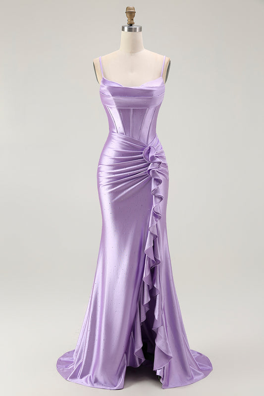Sparkly Purple Corset Mermaid Beaded Long Prom Dress with Slit