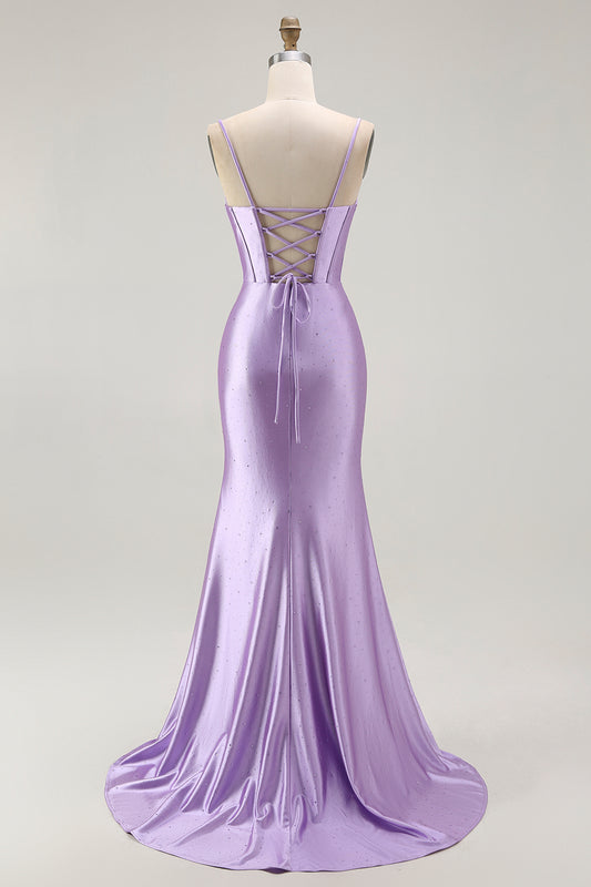 Sparkly Purple Corset Mermaid Beaded Long Prom Dress with Slit
