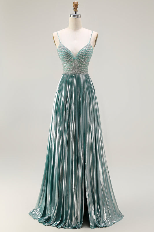 Sparkly Grey Green Metallic A Line Corset Long Prom Dress with Slit