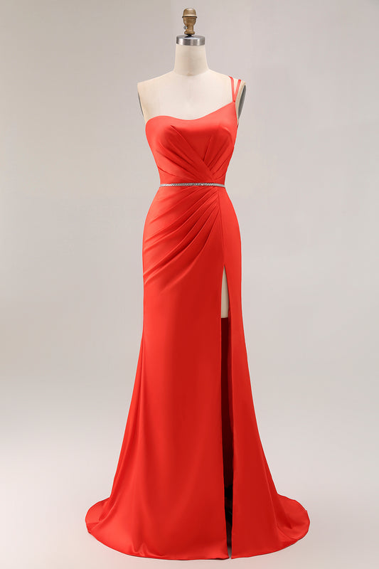 Orange One Shoulder Ruched Mermaid Long Prom Dress with Slit