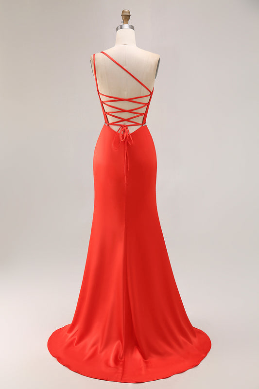 Orange One Shoulder Ruched Mermaid Long Prom Dress with Slit
