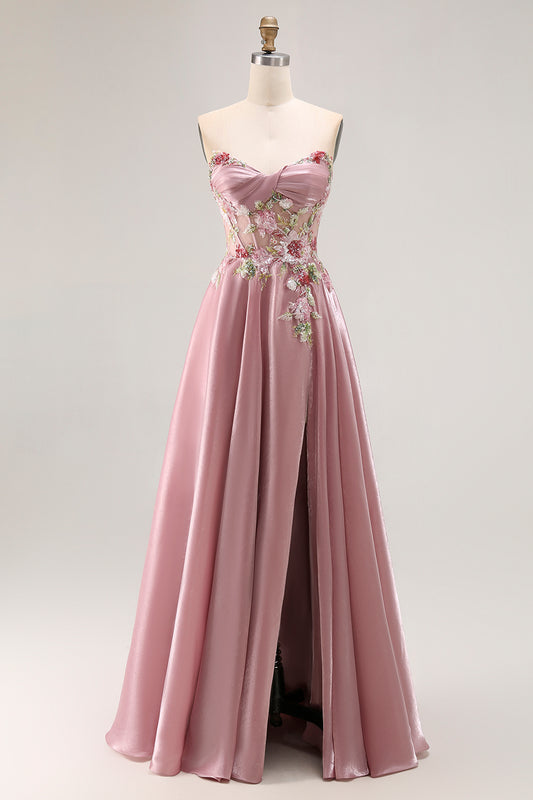 Sparkly Grey Pink Corset Floral A Line Long Prom Dress