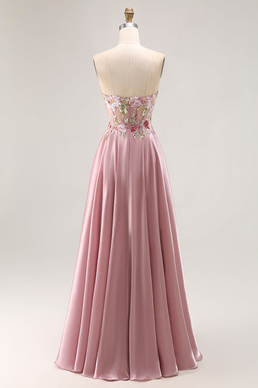Sparkly Grey Pink Corset Floral A Line Long Prom Dress