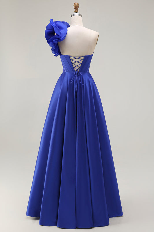 Royal Blue One Shoulder Corset Long Prom Dress with Slit