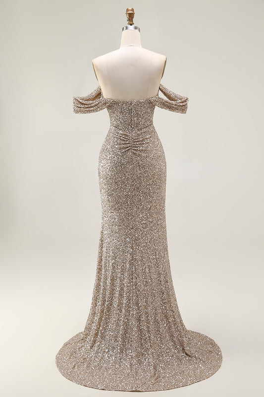 Sparkly Champagne Off the Shoulder Mermaid Long Prom Dress with Slit