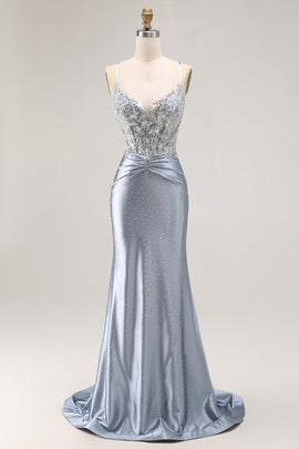 Sparkly Grey Blue Corset Mermaid Beaded Long Prom Dress with Appliques