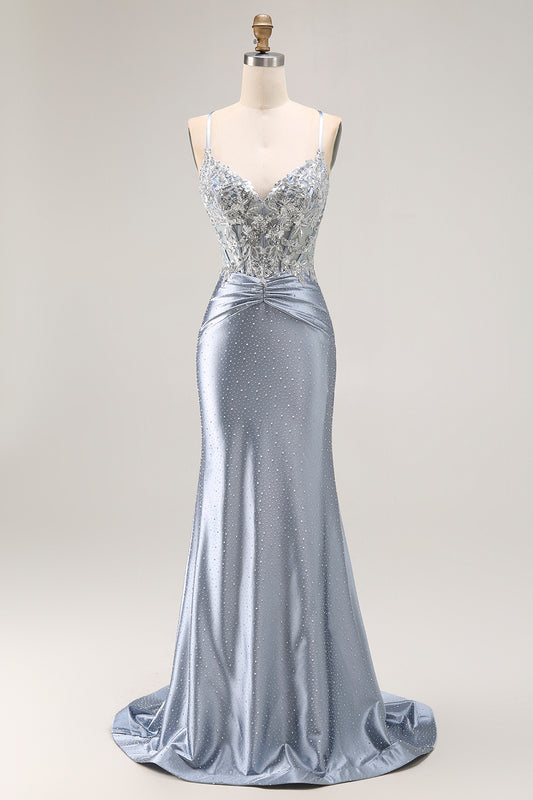 Sparkly Grey Blue Corset Mermaid Beaded Long Prom Dress with Appliques