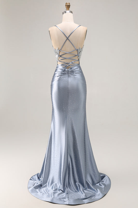 Sparkly Grey Blue Corset Mermaid Beaded Long Prom Dress with Appliques