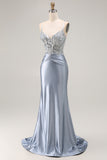 Sparkly Grey Blue Corset Mermaid Beaded Long Prom Dress with Appliques Sparkly Grey Blue Corset Mermaid Beaded Long Prom Dress with Appliques