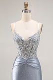 Sparkly Grey Blue Corset Mermaid Beaded Long Prom Dress with Appliques Sparkly Grey Blue Corset Mermaid Beaded Long Prom Dress with Appliques