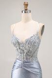 Sparkly Grey Blue Corset Mermaid Beaded Long Prom Dress with Appliques Sparkly Grey Blue Corset Mermaid Beaded Long Prom Dress with Appliques