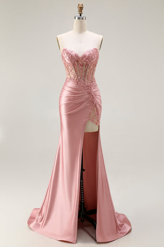 Sparkly Blush Mermaid Corset Long Prom Dress with Slit