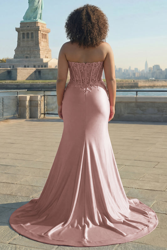 Plus Size Sparkly Blush Mermaid Corset Long Prom Dress with Slit