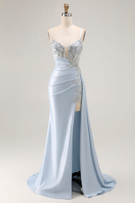 Sparkly Light Blue Mermaid Corset Ruched Long Prom Dress with Slit
