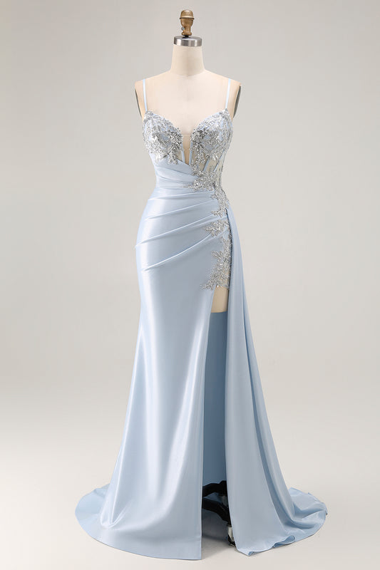 Sparkly Light Blue Mermaid Corset Ruched Long Prom Dress with Slit