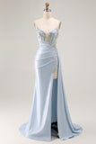Sparkly Light Blue Mermaid Corset Ruched Long Prom Dress with Slit Sparkly Light Blue Mermaid Corset Ruched Long Prom Dress with Slit