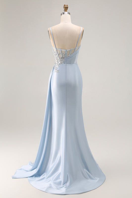 Sparkly Light Blue Mermaid Corset Ruched Long Prom Dress with Slit