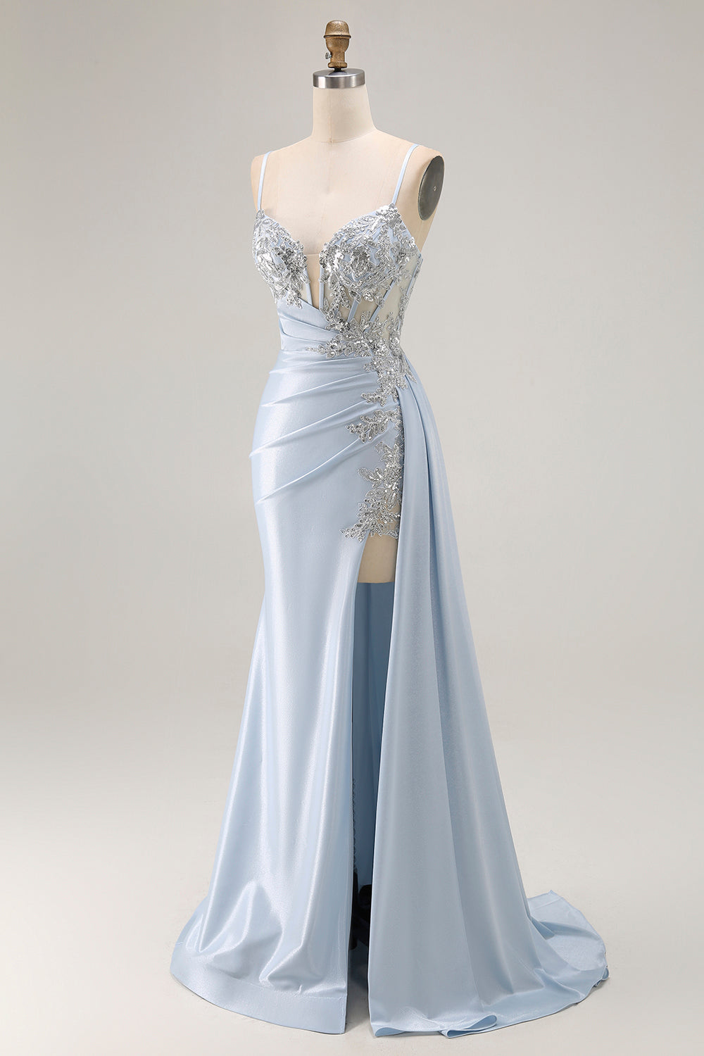 Sparkly Light Blue Mermaid Corset Ruched Long Prom Dress with Slit Sparkly Light Blue Mermaid Corset Ruched Long Prom Dress with Slit