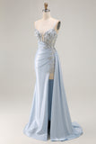 Sparkly Light Blue Mermaid Corset Ruched Long Prom Dress with Slit Sparkly Light Blue Mermaid Corset Ruched Long Prom Dress with Slit