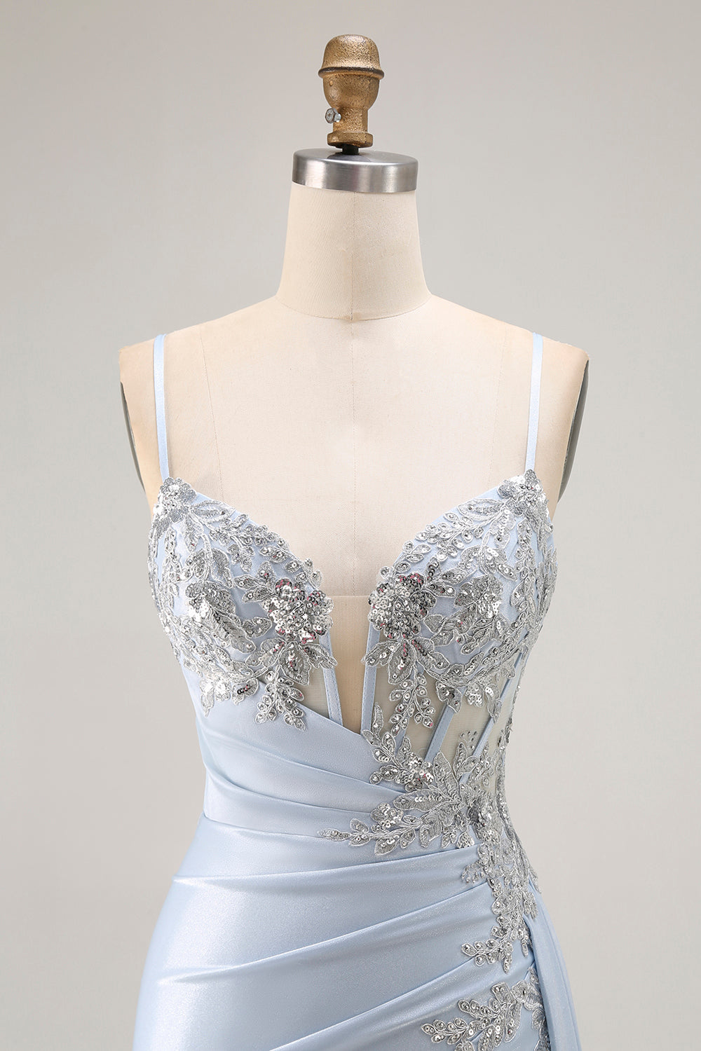 Sparkly Light Blue Mermaid Corset Ruched Long Prom Dress with Slit Sparkly Light Blue Mermaid Corset Ruched Long Prom Dress with Slit