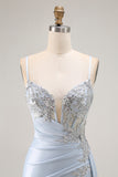 Sparkly Light Blue Mermaid Corset Ruched Long Prom Dress with Slit Sparkly Light Blue Mermaid Corset Ruched Long Prom Dress with Slit