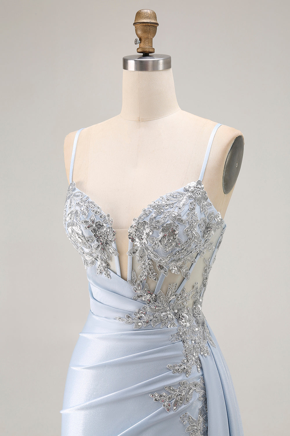 Sparkly Light Blue Mermaid Corset Ruched Long Prom Dress with Slit Sparkly Light Blue Mermaid Corset Ruched Long Prom Dress with Slit