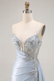 Sparkly Light Blue Mermaid Corset Ruched Long Prom Dress with Slit Sparkly Light Blue Mermaid Corset Ruched Long Prom Dress with Slit