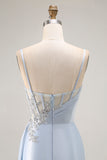 Sparkly Light Blue Mermaid Corset Ruched Long Prom Dress with Slit Sparkly Light Blue Mermaid Corset Ruched Long Prom Dress with Slit