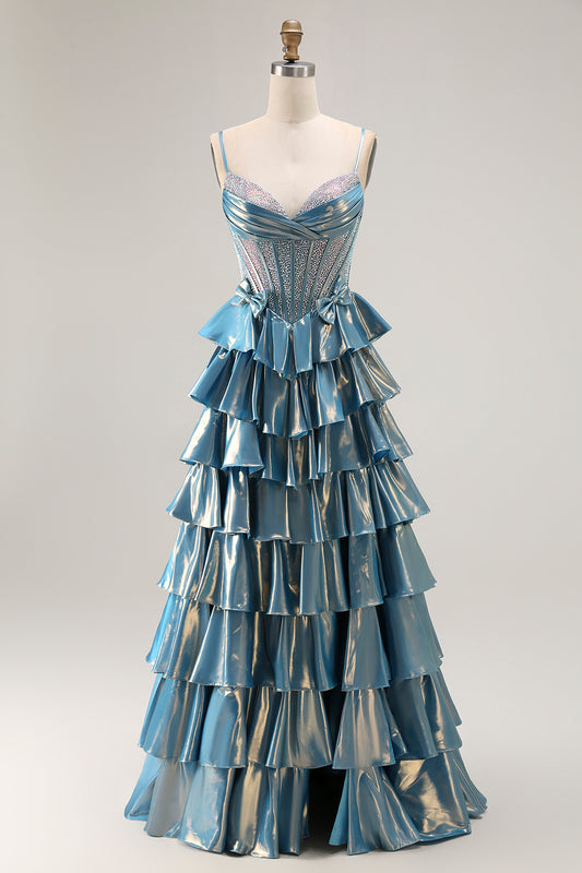 Sparkly Blue Ruffled Metallic Corset Beaded Long Prom Dress with Bow