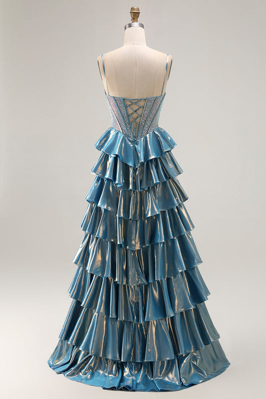 Sparkly Blue Ruffled Metallic Corset Beaded Long Prom Dress with Bow