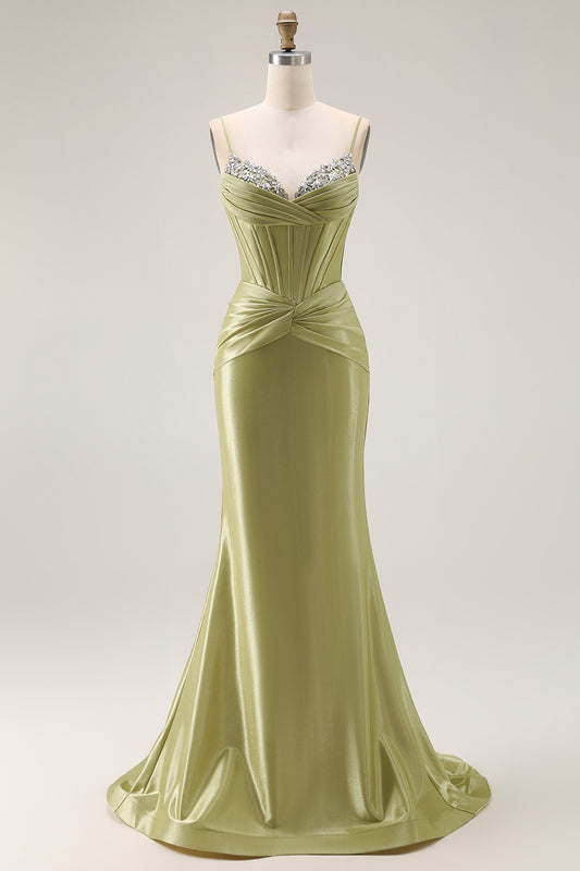 Sparkly Green Mermaid Corset Spaghetti Straps Long Prom Dress