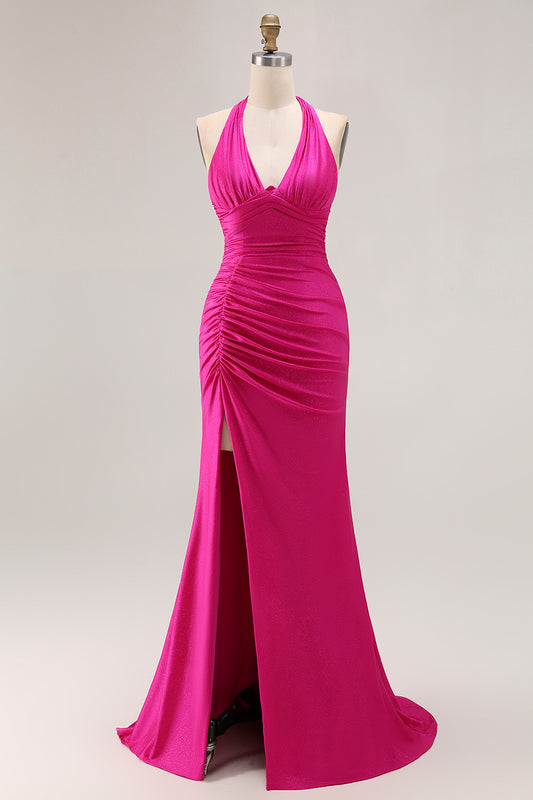 Fuchsia Glitter Halter Mermaid Ruched Long Prom Dress with Slit