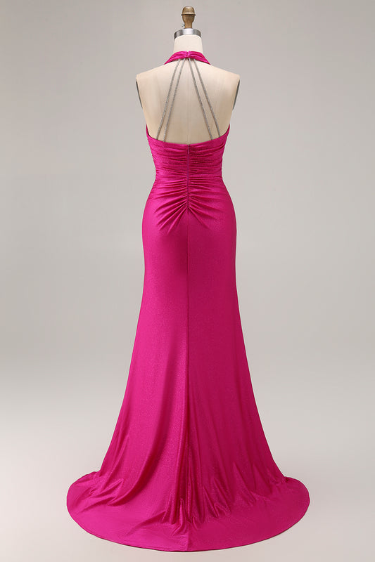Fuchsia Glitter Halter Mermaid Ruched Long Prom Dress with Slit