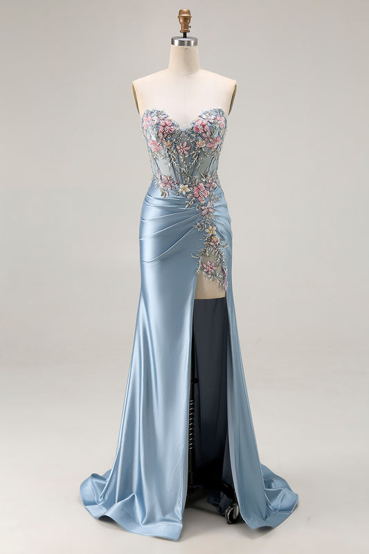 Floral Grey Blue Satin Mermaid Ruched Long Corset Prom Dress with Slit