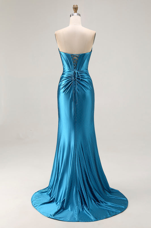 Royal Blue Satin Mermaid Ruched Long Corset Prom Dress with Slit