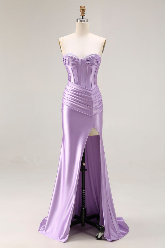 Purple Satin Sweetheart Mermaid Ruched Long Corset Prom Dress with Slit