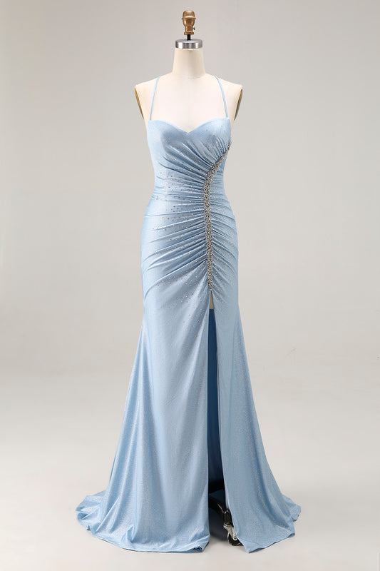 Sparkly Light Blue Beaded Satin Mermaid Long Prom Dress with Slit